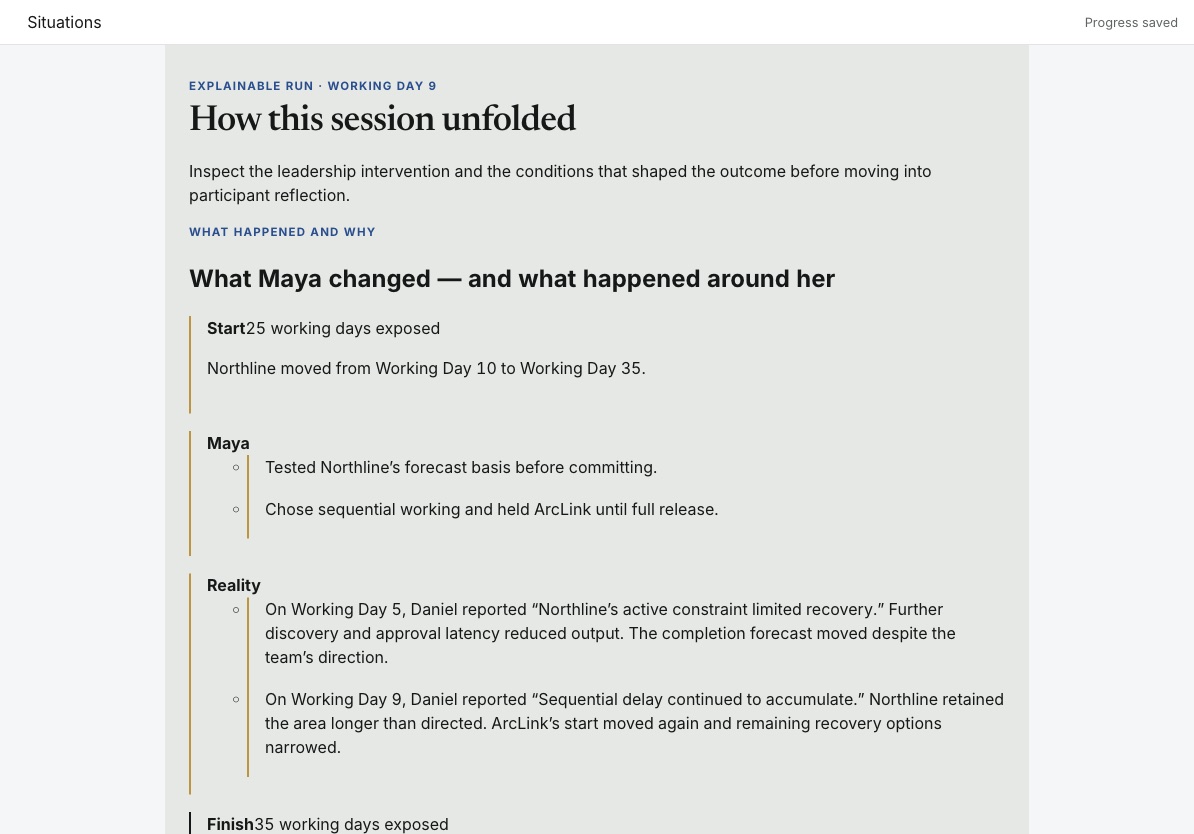 Historical development screen showing a run explanation on iPad.